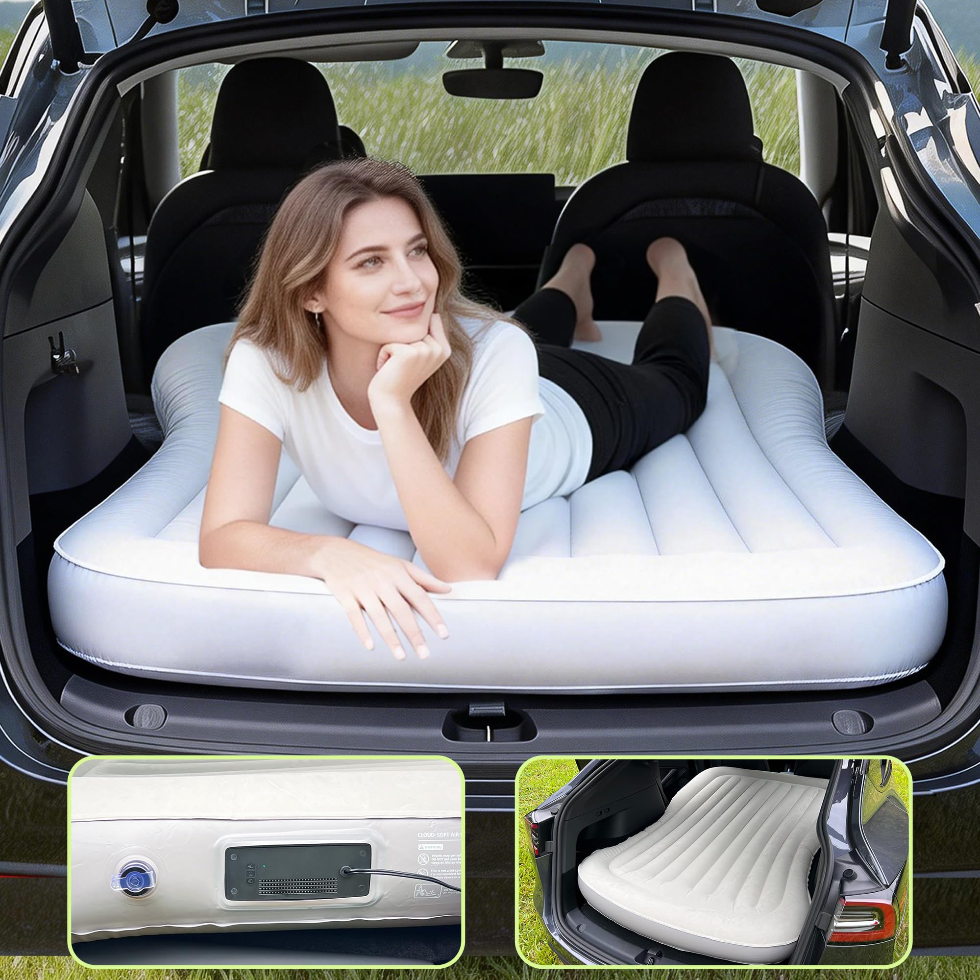 Woowind Inflating Air Mattress Compatible withTesla Model Y Self (2020–2025, Juniper) 2-Person Car Camping Inflatable Bed for Trunk/Back Seat Folded, Built-in 12V Pump with Auto-Stop