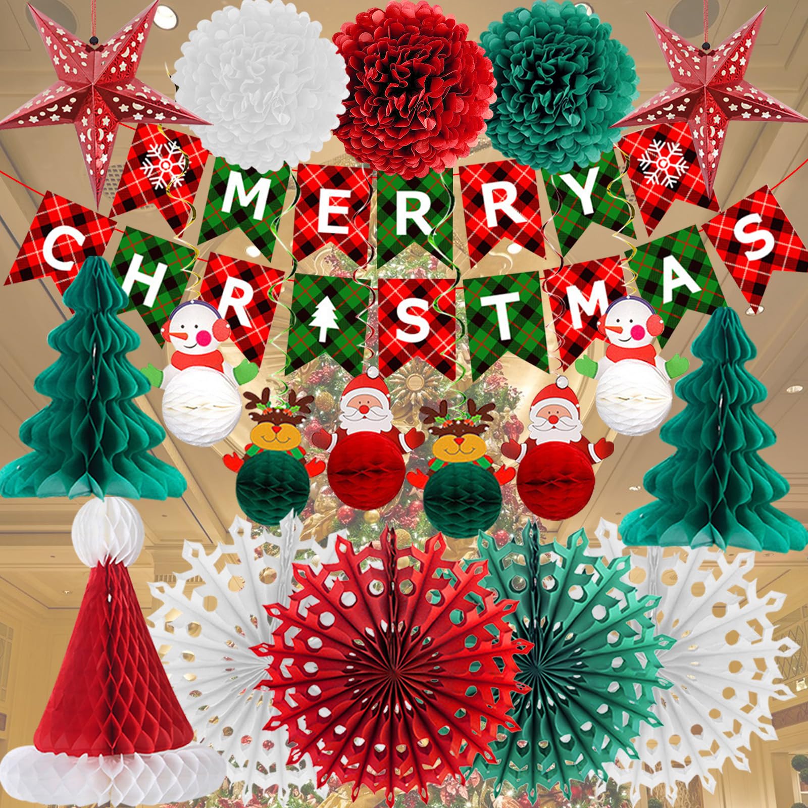 Paper Christmas Decorations Honeycomb Party Wall Ceiling Hanging Indoor Bundle with Merry Christmas Banner Bunting Tree Paper Stars Snowflakes Large Baubles Decorations Retro Vintage Xmas Decor