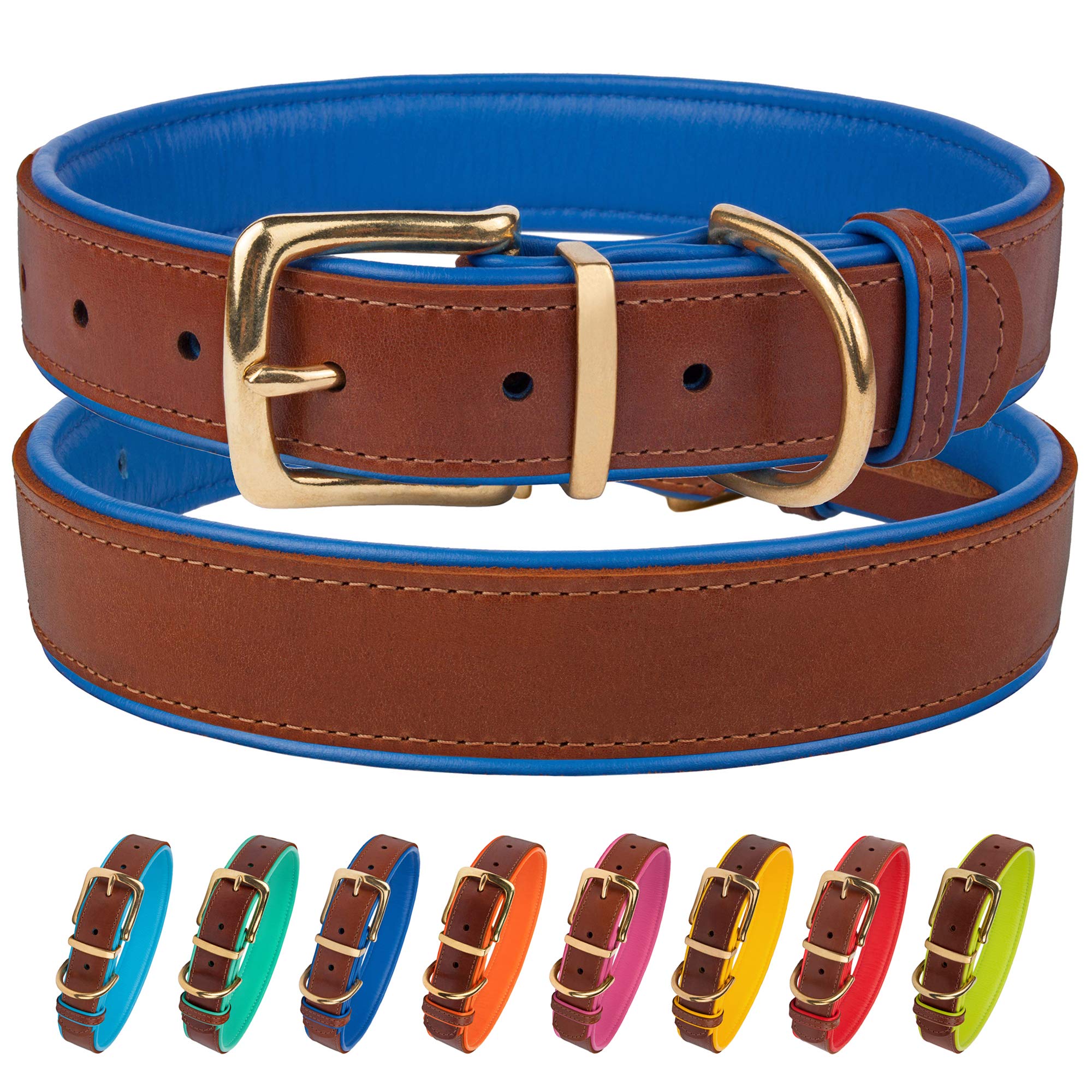 Photo 1 of CollarDirect Leather Dog Collar Brass Buckle Soft Padded Puppy Small Medium Large Red Pink Blue Green Purple Yellow (Neck Fit 11"-13", Navy Blue)