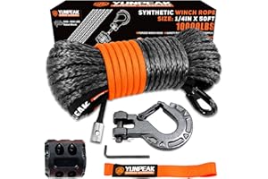 YUNPEAK Synthetic Winch Rope Kit, 1/4" x50 ft 10000LBS Winch Cable Replace Kit, with Protective Sleeve, Heavy Duty Hook, Rubber Stopper, Safety Pull Strap for Off-Road 4x4 Vehicles ATV UTV(Black)