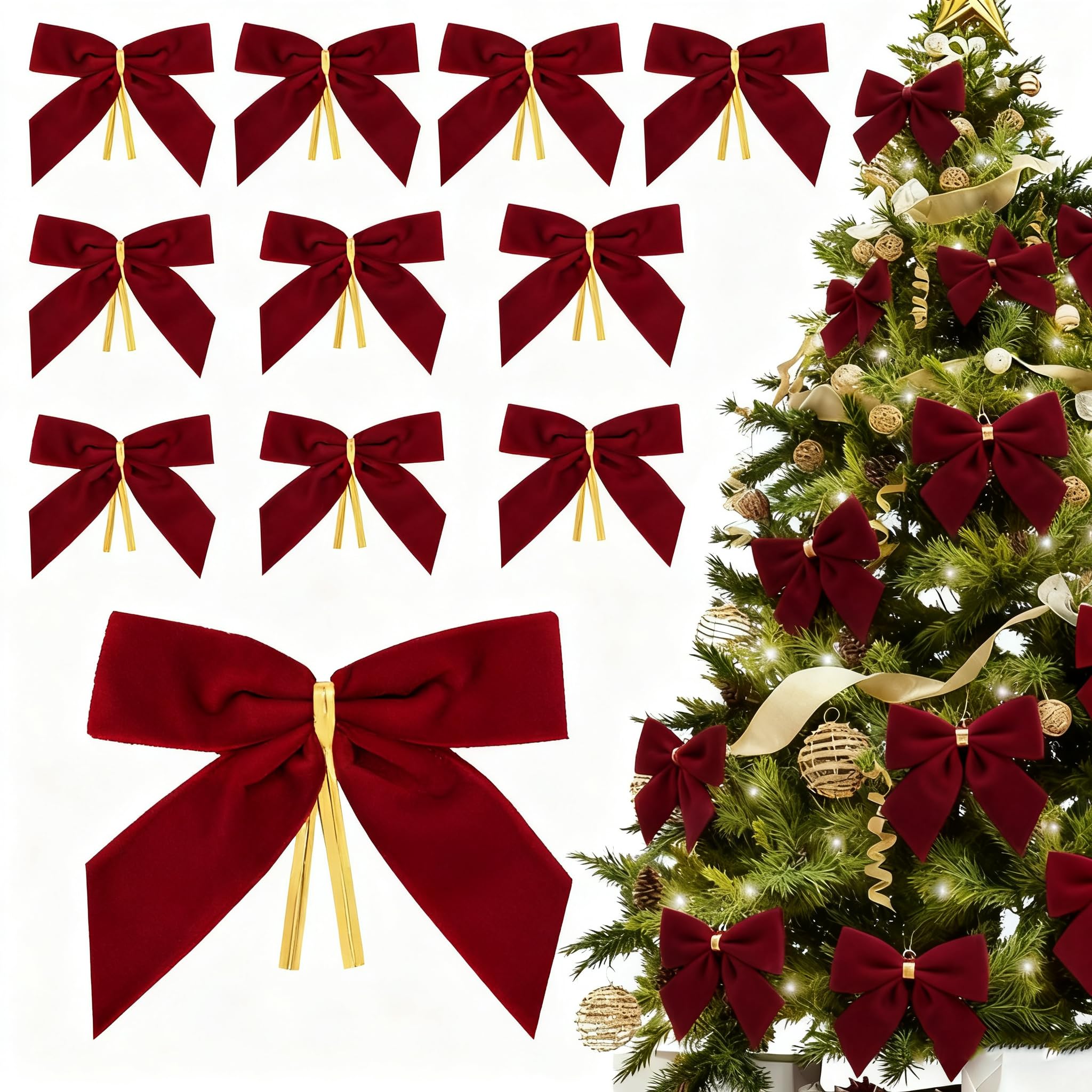 Photo 1 of 28PCS Burgundy Velvet Bows for Christmas Tree,Velvet Ribbon Bows Christmas Ornaments for Xmas Tree Decorations Home Decor for Wreath Garland Gift Wrapping Crafts Wedding Party