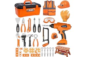 Kids Tool Set,MAGIC4U 50PCS Toddler Tool Set with Electronic Toy Drill,Tape Measure 12 Tool Equipements,Pretend Play Construction Coustume with Safety Vest Hat,Toy Tool Box for Kids Boy Girl Age 3-8