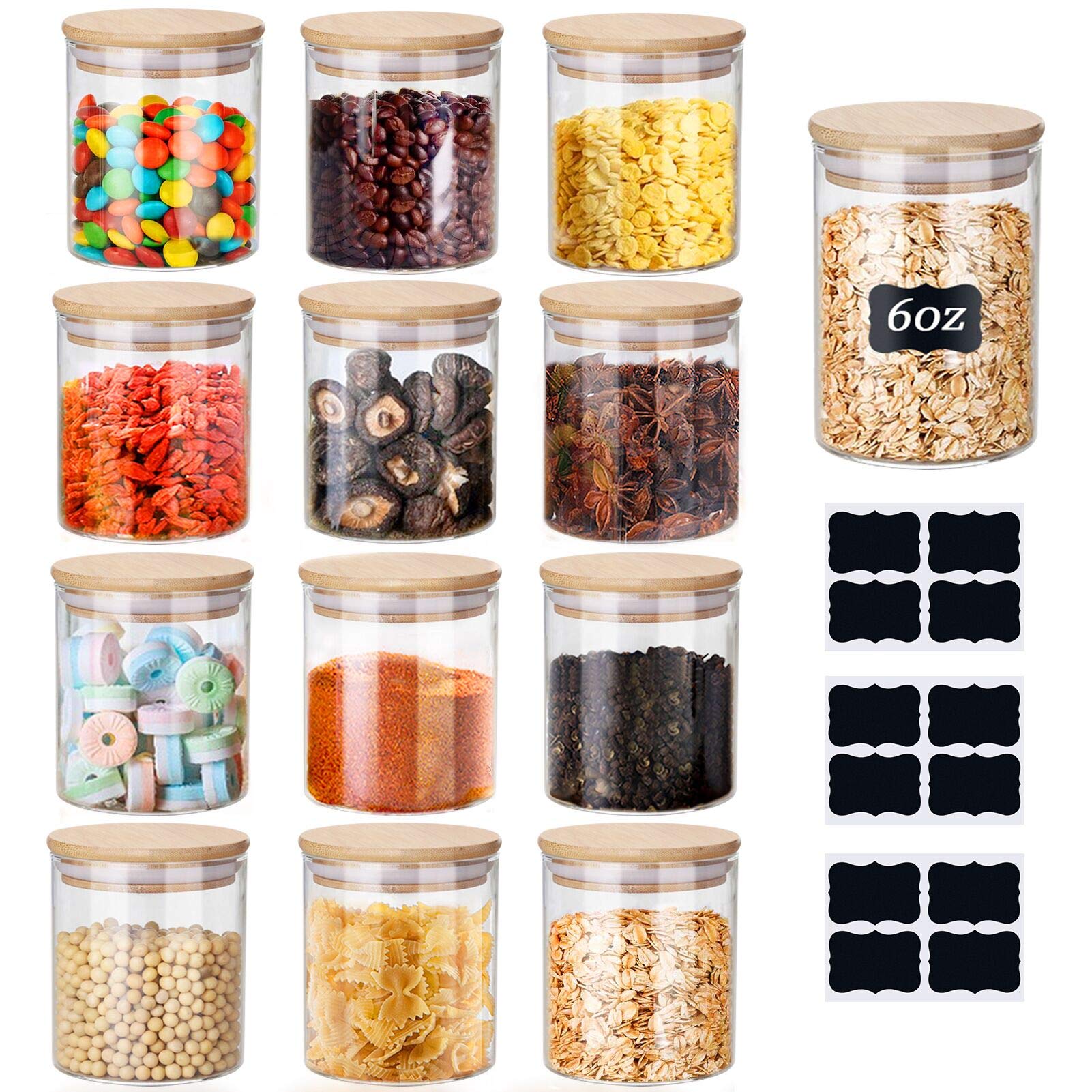 Yibaodan Glass Jars Set 150ml 12 Pack 6oz Spice Jars with Bamboo Lids and Labels Small Food Cereal Storage Containers for Home Kitchen Tea Herbs Coffee Flour Herbs Grain (12Pack/12 Black Labels)