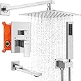 Shower System with Tub Spout, Shower Faucet Set, 10 Inch Bathroom Polished Chrome Square Rain Shower Head with Handheld Spray Wall Mounted Rainfall Shower Fixtures (Contain Tub Spout)