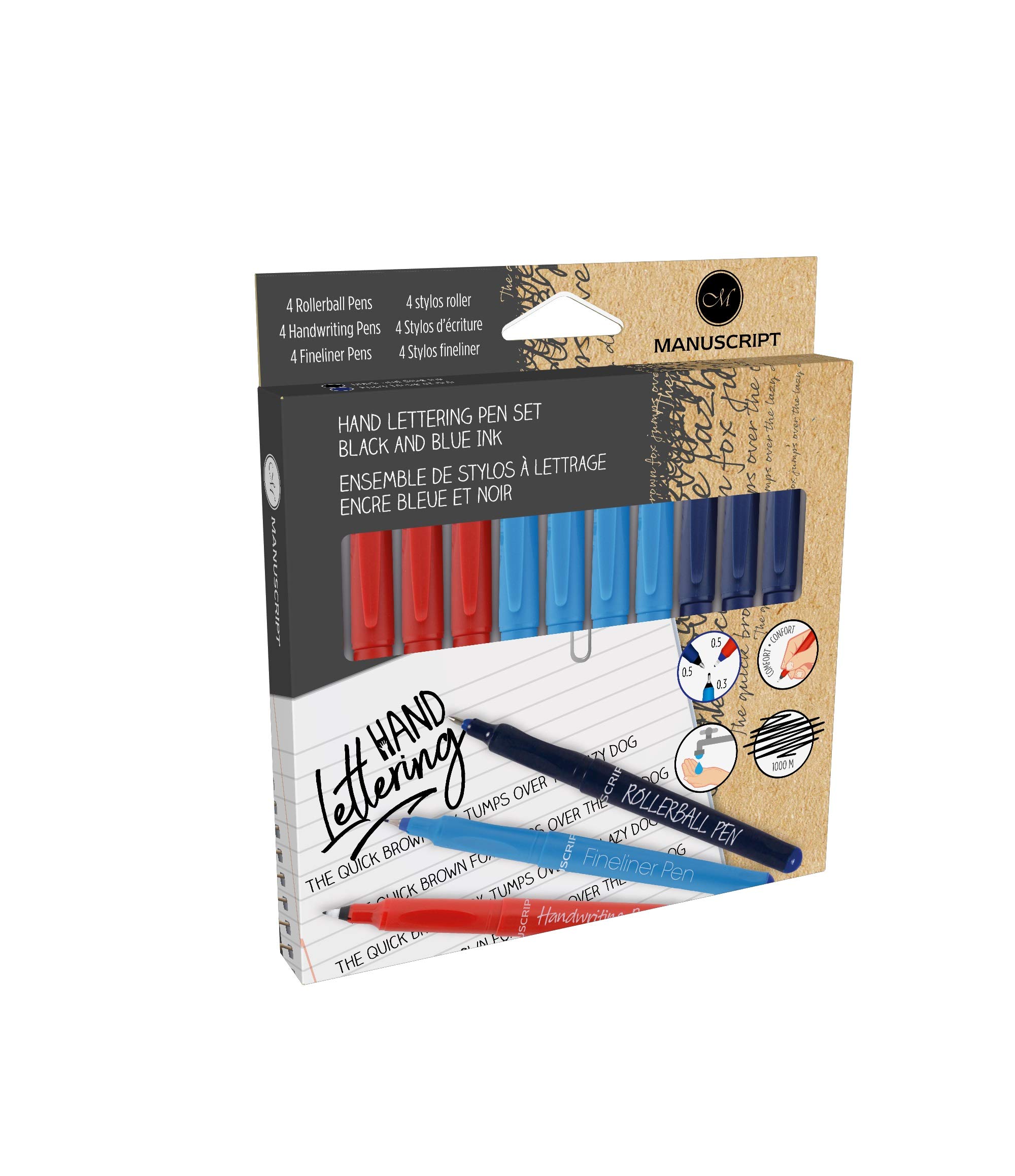 MANUSCRIPT Hand Lettering Set - 12 pieces - selection of handwriting pens, fineliners and rollerballs in both black and blue ink.