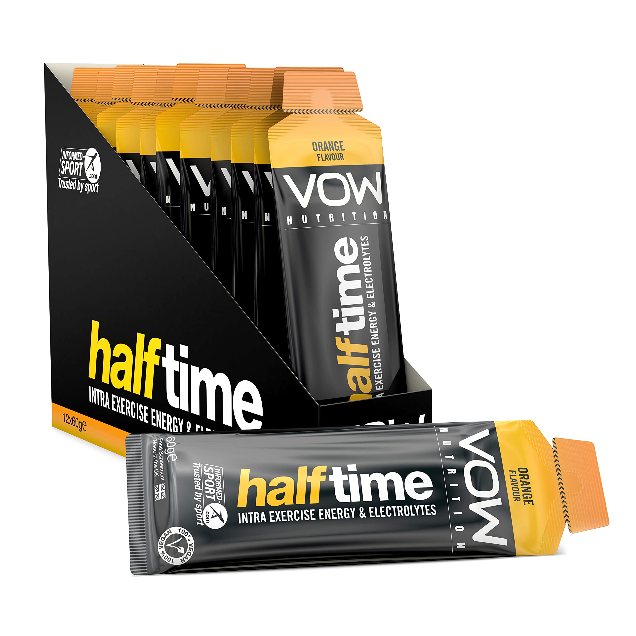 VOW Half Time x 12 60g Sachet Pack Energy Gel, Electrolytes, 22g Carbohydrates, Informed Sports Approved, Endurance, Cycling, Running, Soccer, Rugby, Football Supplements