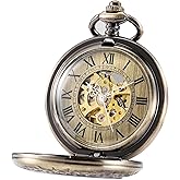 TREEWETO Automatic Mechanical Pocket Watch Magnifier Case Steampunk Skeleton Roman Numerals Dial for Men Women Bronze