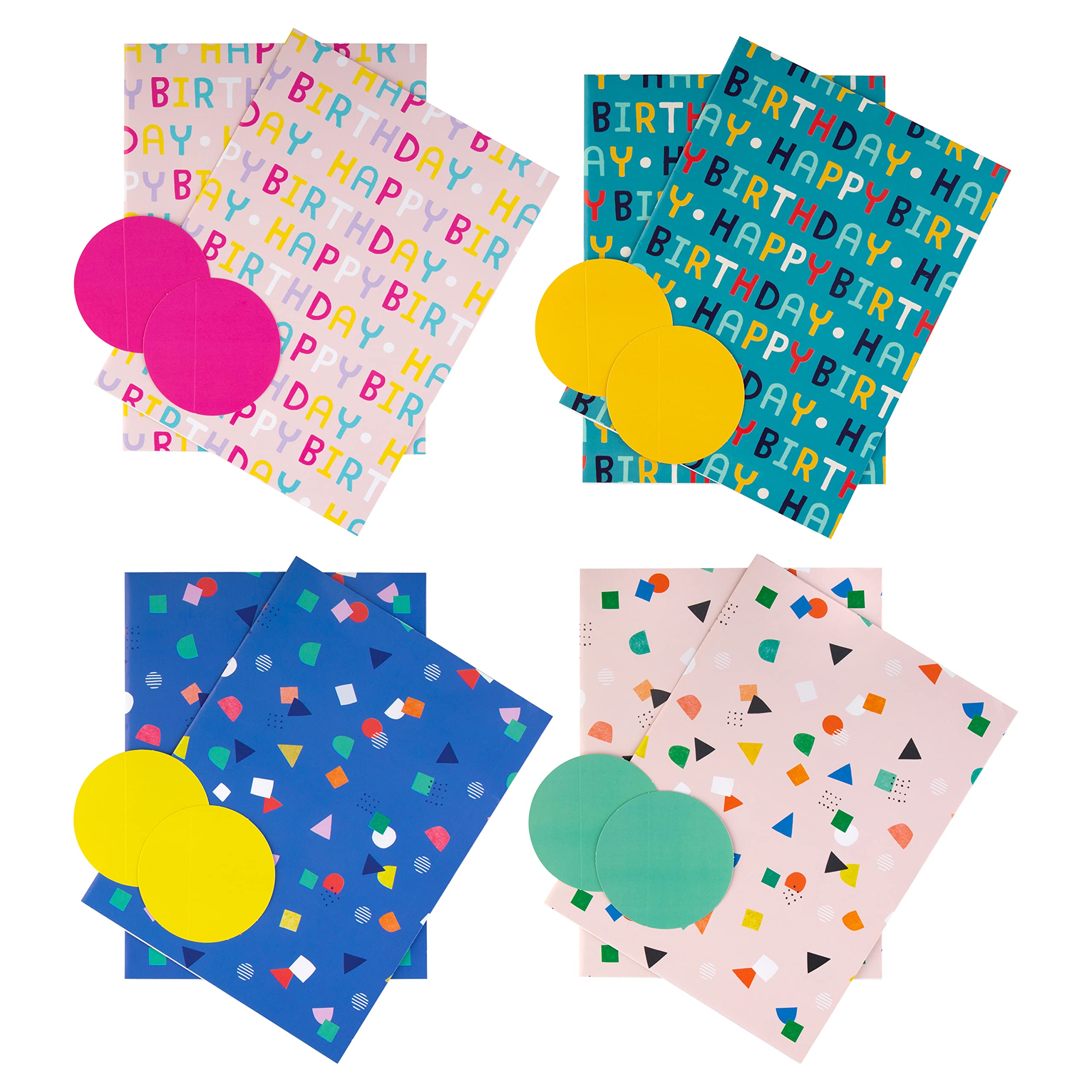 Hallmark Birthday Wrapping Paper and Gift Tag Pack Bundle - 8 Sheets and 8 Tags in 4 Designs