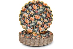 Confettiville Thanksgiving Paper Plates, 50-Count Disposable Thanksgiving Dinner Plates, Scalloped, Party Supplies, Pumpkins, Green