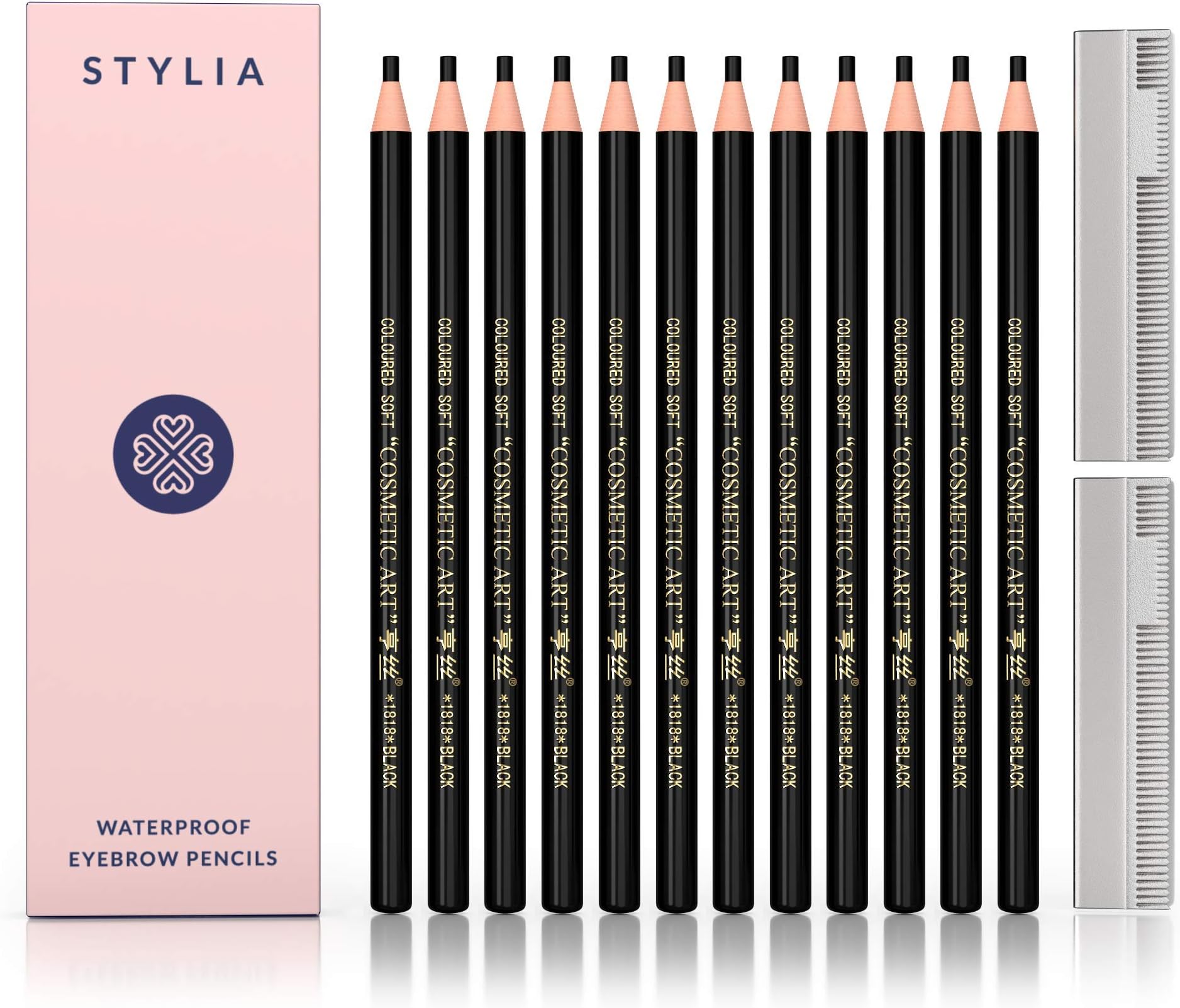 Waterproof Eyebrow Pencils Peel Off - 12 Piece Black Brow Pencil Set For Marking, Filling And Outlining, Tattoo Makeup And Microblading Supplies Kit-Permanent Eye Brow Liners