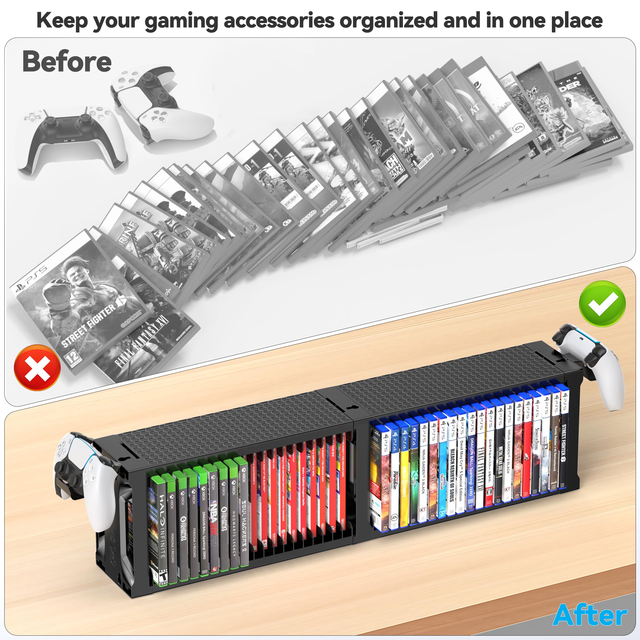 Kytok Spiele Aufbewahrung Game Storage Tower mit Controller Ständer, Spiele Organizer Wandhalterung für Nintendo Switch 2/ PS5/ PS4/ Xbox, Gaming Shelf für 20 Spiel Discs, Gaming Zubehör 2 T 5