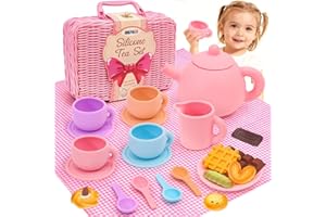 HAPGFS Silicone Tea Party Set for Kids - Complete Pretend Play Toy with Teapot, Cups, Picnic Basket, Food-Grade Safe Material for Toddlers Ages 3-5, Ideal for Indoor and Outdoor Imaginative Fun