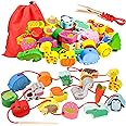LITTLEFUN Preschool Montessori Wooden Threading Toys with Animals Fruits Number Alphabet Traffic Beads for Kids Toddler - Bes