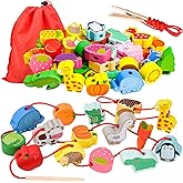 LITTLEFUN Preschool Montessori Wooden Threading Toys with Animals Fruits Number Alphabet Traffic Beads for Kids Toddler - Bes