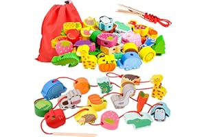 LITTLEFUN Preschool Montessori Wooden Threading Toys with Animals Fruits Number Alphabet Traffic Beads for Kids Toddler - Bes