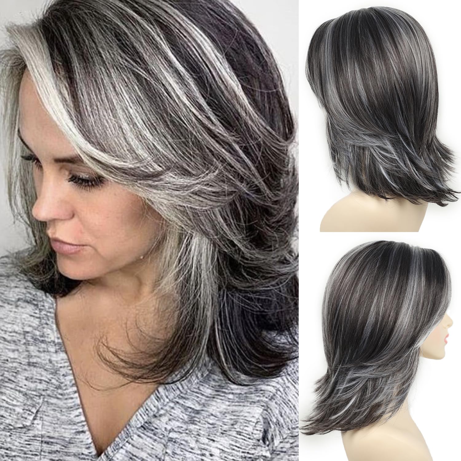Photo 1 of SEVENCOLORS Dark Grey Layered Wigs for Women Medium Length Gray Mixed Silver Wigs with Curtain Bangs Synthetic Hair Short Wavy Bob Wigs