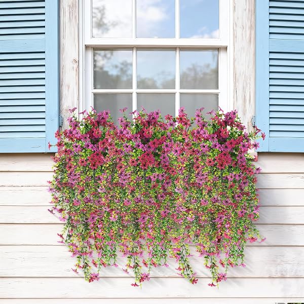 ARTIFICIAL HANGING FLOWERS FOR OUTDOORS, 2 PCS FAKE HANGING PLANT SPRING SUMMER DECOR, UV RESISTANT NO FADE REALISTIC FAUX FLOWER FOR FRONT DOOR PORCH PLANTER PATIO GARDEN YARD(LIGHT PURPLE RED)