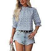 Vipwest Women's Elbow Sleeve Mock Neck Tops Women Summer Floral Blouse Business Dressy Casual Office Work