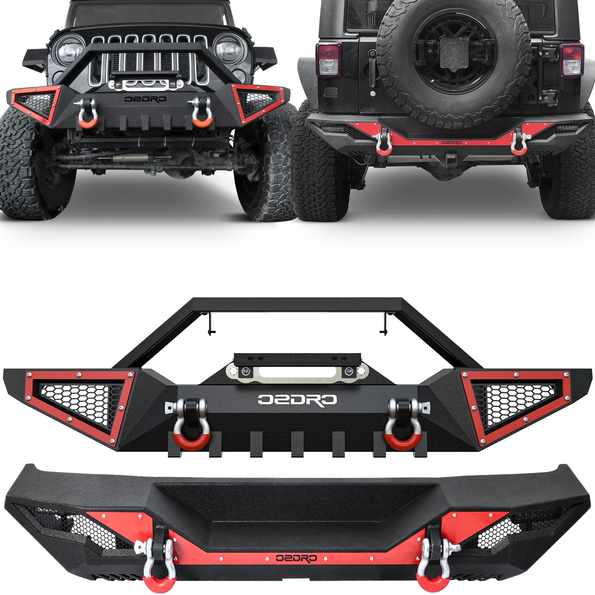 OEDRO Front & Rear Bumpers Compatible with 2007-2018 Jeep Wrangler JK & JKU Unlimited, Full Width Back Bumper w/D-Rings & Hitch Receiver & Paintable Armor Image