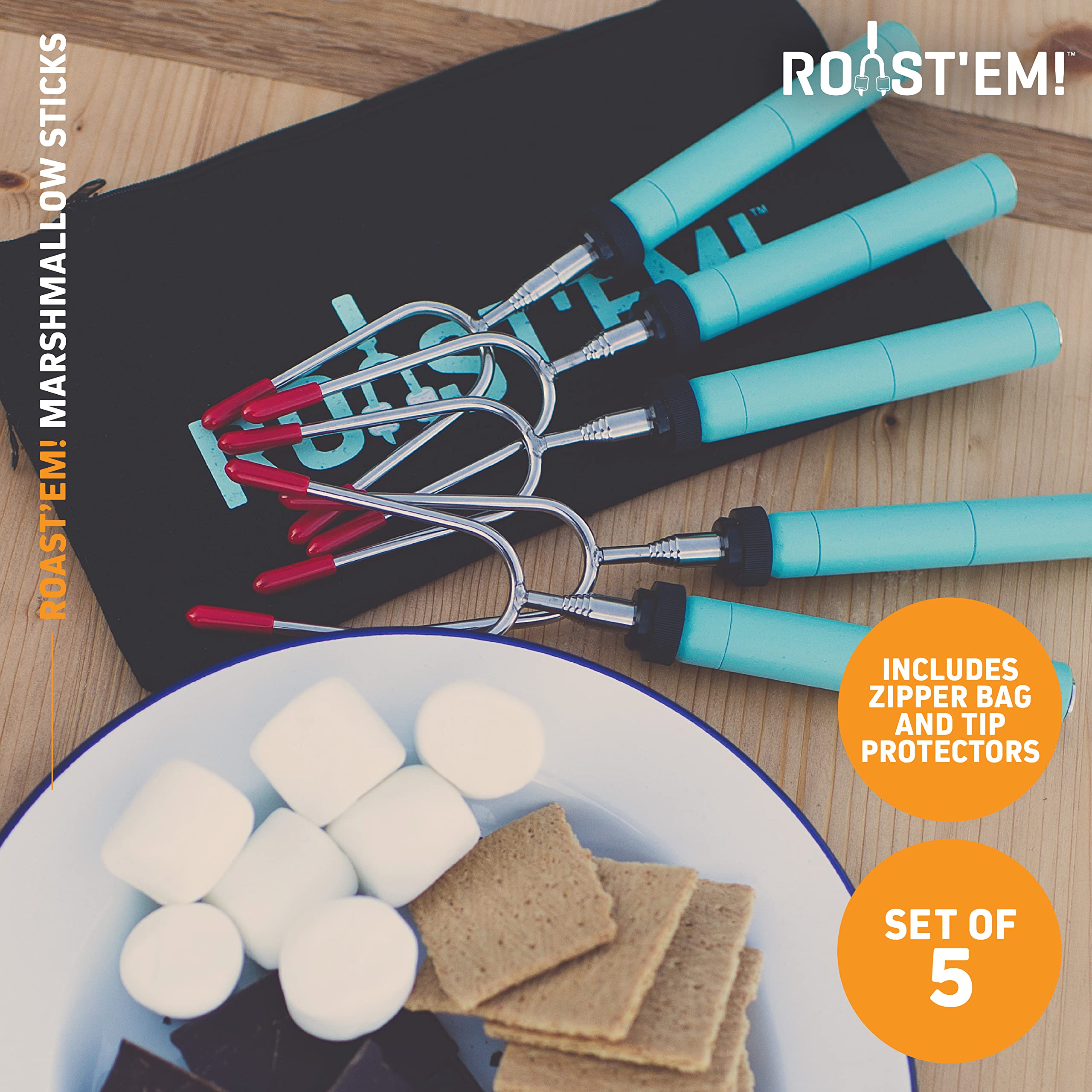 Jolly Green Products Rotating Marshmallow Roasting Sticks for Campfire & Bonfire | Extra Long Hot Dog & Smores Sticks for Fire Pit | Camping Smores Kit | Retractable Campfire Skewers | Set of 5