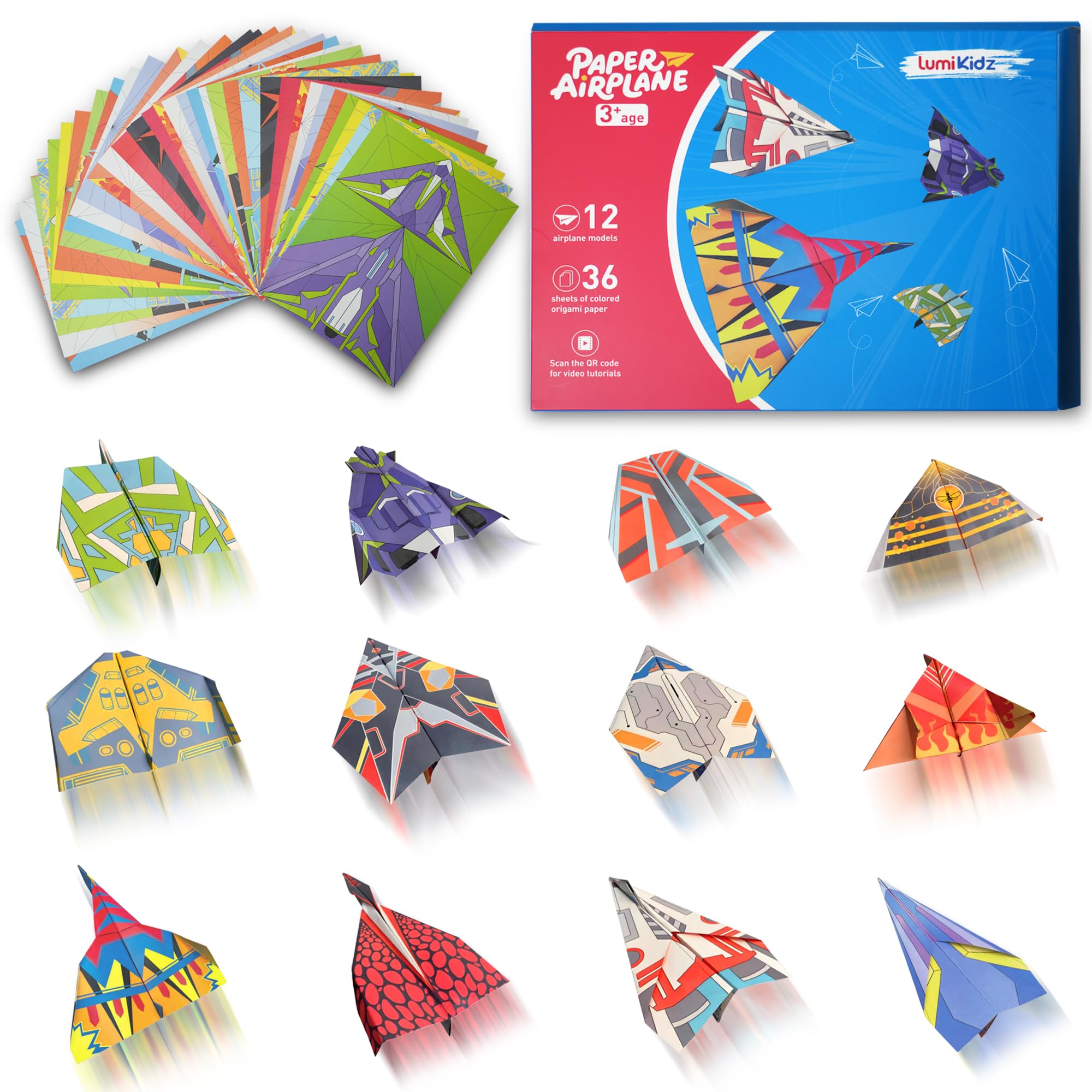 Lumikidz Paper Airplane Kits – 12 Classic Origami Designs, 36 Sheets – Creative World Record Paper Planes – Fun Airplane Toys & Birthday Gifts for Kids Ages 5-12 Boys and Girls