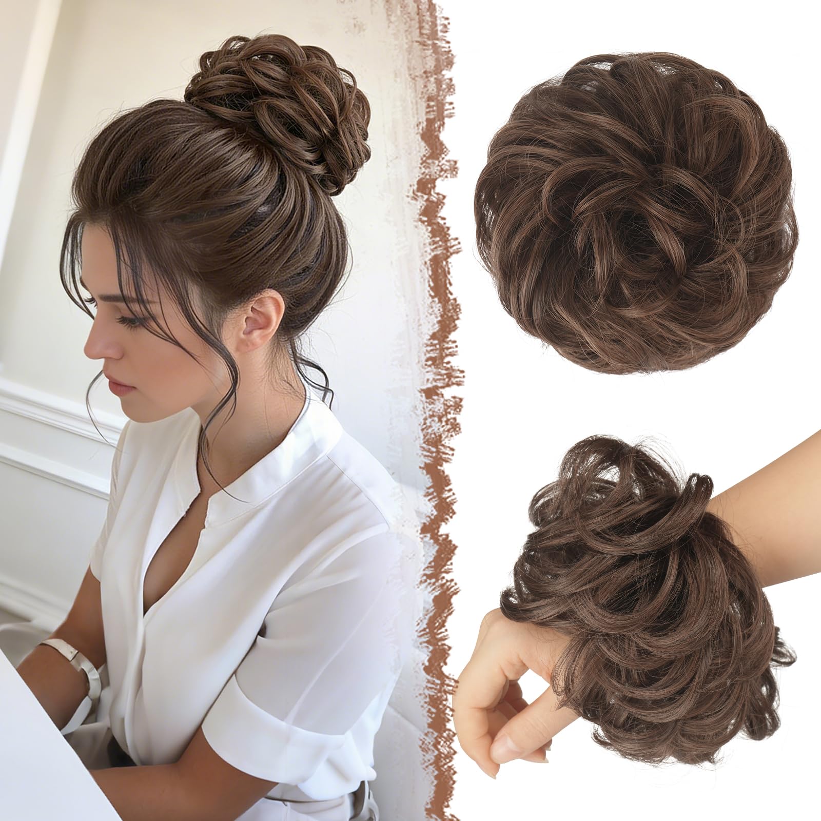 FESHFEN Messy Bun Hair Piece Hairs Scrunchies Thick Curly Wavy Pony Tail Synthetic Accessories Donut Updo Hairpieces for Women Girls 55g, Caramel Brown