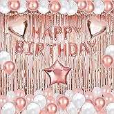 Rose Gold Birthday Party Decorations Kit - 50 Piece Set, Happy Birthday Banner, Fringe Curtains, Rose Gold Foil Heart, Star & Balloons for Women & Girls Princess Party