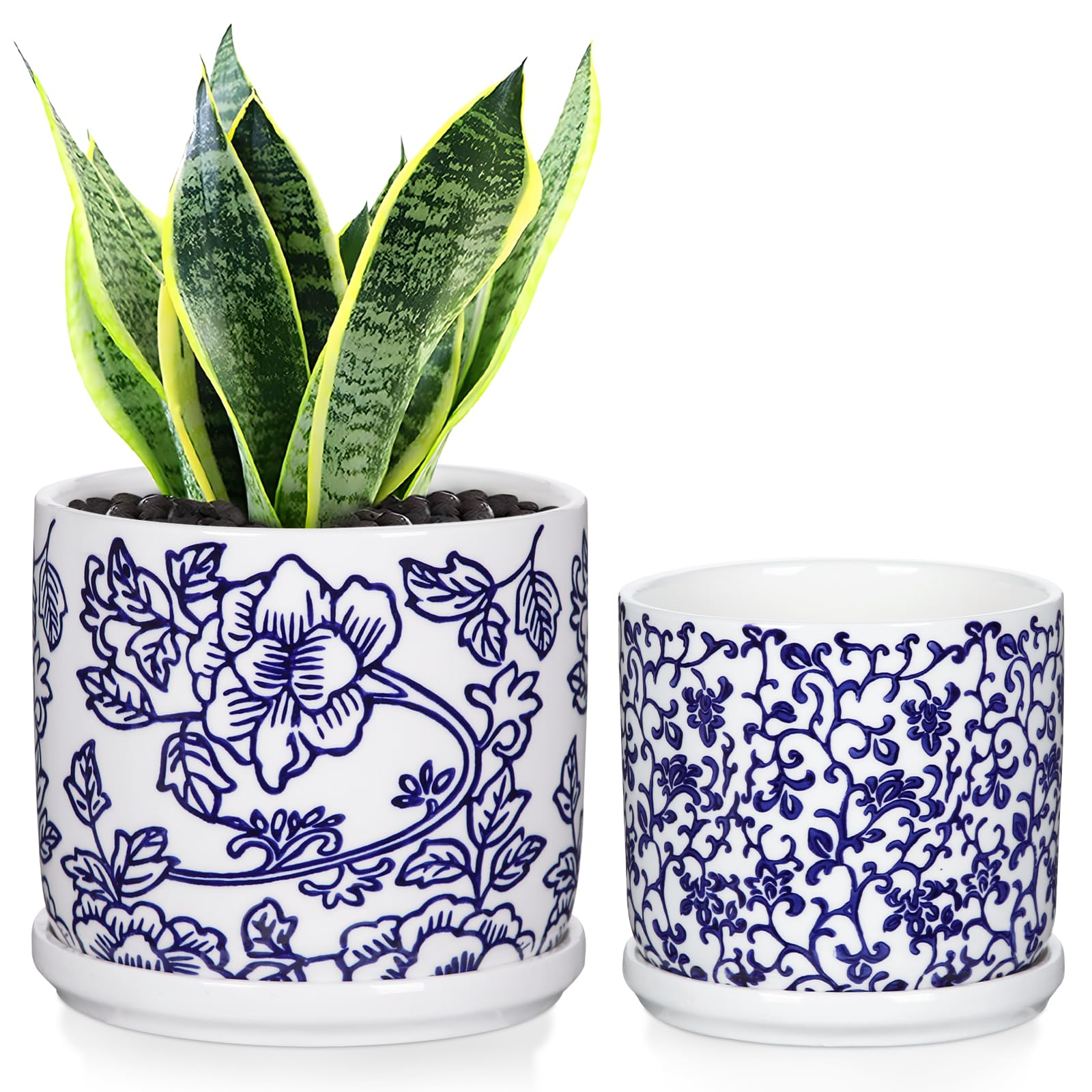 View 1 of **1 pot only** Blue and White Ceramic Plant Pot with Drainage Hole and Saucers, Retro Blue Porcelain Vase Round Planters for Succulent Cactus Indoor Outdoor Garden Home Desktop Decor - small
