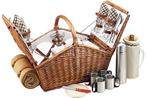Picnic at Ascot Huntsman English-Style Willow Picnic Basket with Service for 4, Coffee Set and Blanket- Designed, Assembled & Quality Approved in the USA