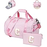 Vogewood Teen Girl Gifts Trendy Stuff, Girls Travel Duffle Bag, Kids Initial Overnight Bags with Shoe Compartment, Personalized Weekender Bag with Makeup Pouch, Pink Gift for Niece (Letter C)