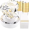 bUCLA 175PCS Christmas Plastic Plates Disposable - Christmas Plates Dinnerware Set - Christmas Plates and Napkins Include 25 Dinner Plates,25 Dessert Plates,75 Cutlery,25 Cups&25 Napkins