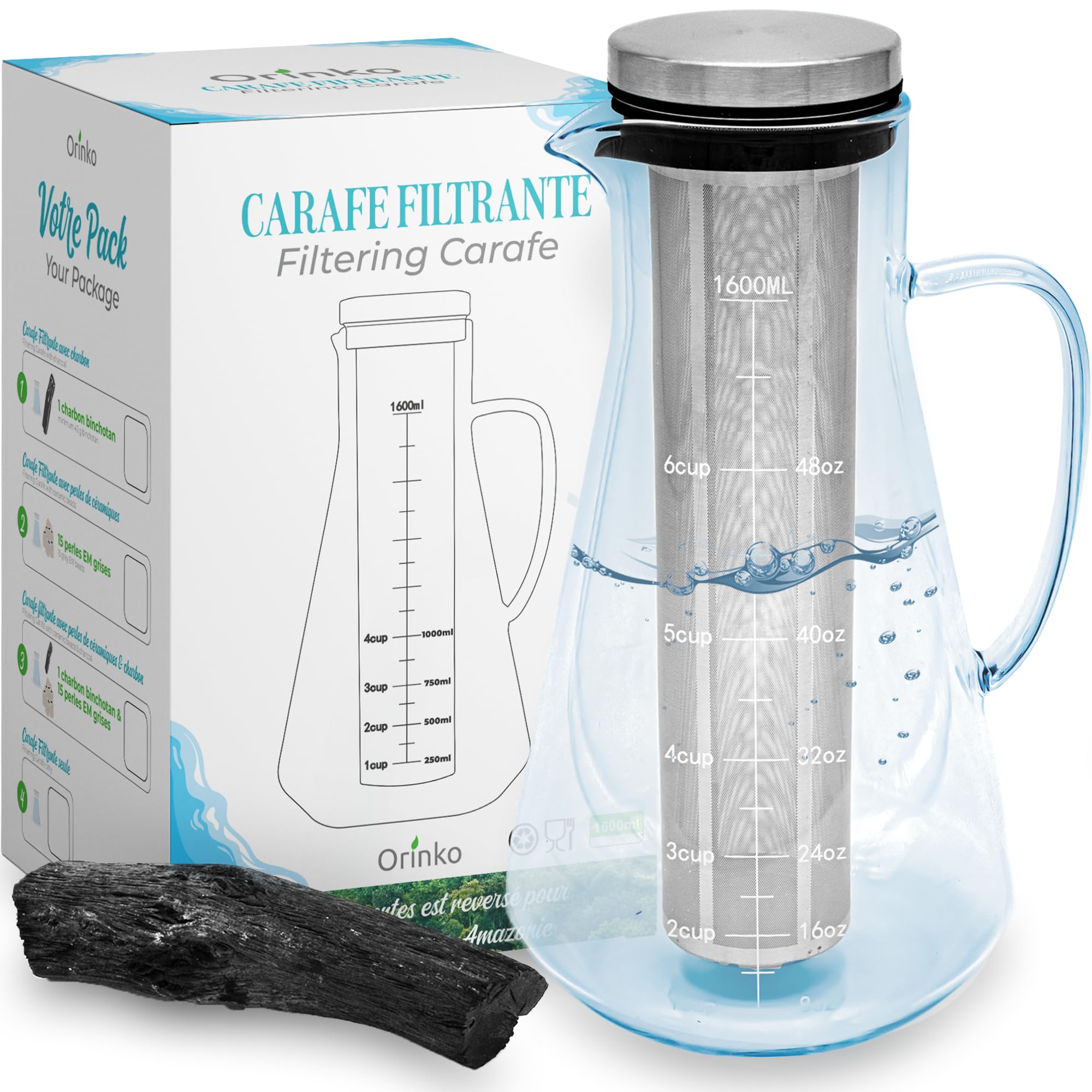 ORINKO® 1.6L Glass Water Carafe + Kishu Binchotan Charcoal Stick for Water Filtration – Eco Friendly Jug with Filter Holder – Reusable Glass Carafe w/Activated Carbon & Beads – Sustainable Hydration