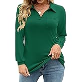 AKEWEI Womens V Neck Polo Shirts Short Sleeve Collared Tops Loose Casual Tunic Blouses with Pocket