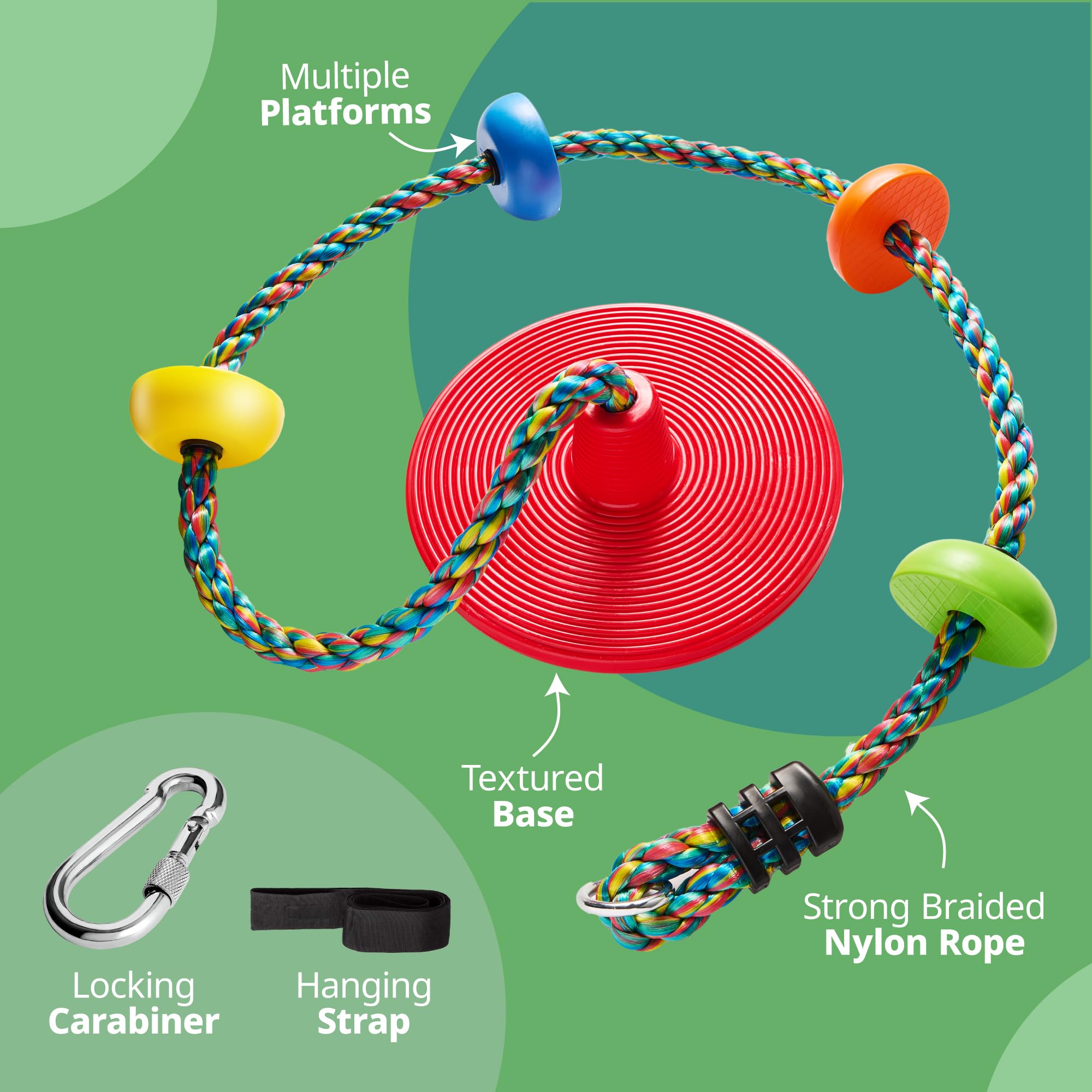 Jungle Gym Kingdom Tree Swing for Kids - Single Disc Seat and Rainbow Climbing Rope Set w/Carabiner and 4 Foot Strap - Treehouse and Outdoor Playground Accessories - Red