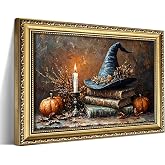 Vintage Gold Framed Halloween Wall Art, Witch Hat Pumpkin Wall Decor | Gothic Witch Hat Canvas Prints, Halloween Books And Pumpkin Wall Decor For Living Room Bedroom, Vintage Art, 12x16 Inch