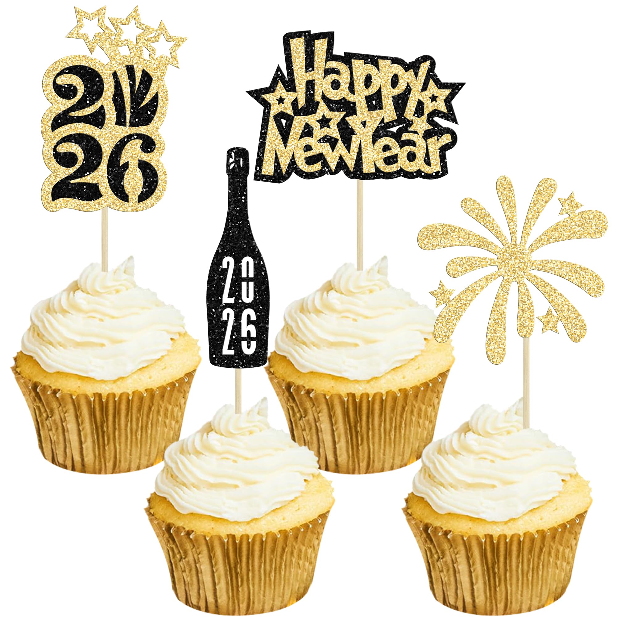 Gyufise 24Pcs Happy New year Cupcake Toppers 2026 Happy New Year Party Decorations Gold Black Glitter Firework 2026Cupcake topper Cheers to 2026 Cake Picks for New Year Eve Party Supplies — image 1