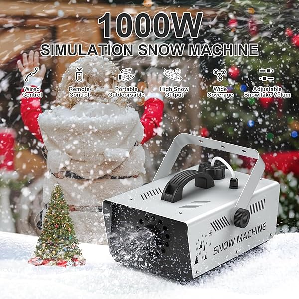 1000W SNOW MACHINE REMOTE & MANUAL CONTROL SNOWFLAKE MAKING ADJUSTABLE SNOWFLAKE SIZE SNOWMAKER PERFECT FOR CHRISTMAS,WEDDINGS AND THEATRICAL EFFECTS (GREY, 1)