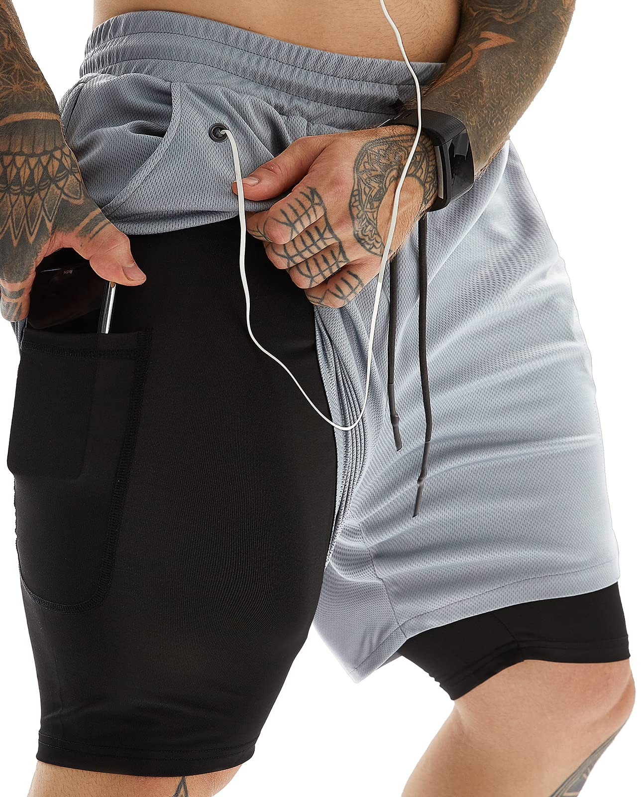 Photo 1 of JWJ Men's 2 in 1 Workout Running Shorts 7 Inch Lightweight Athletic Gym Shorts with Compression Liner Light Gray L
