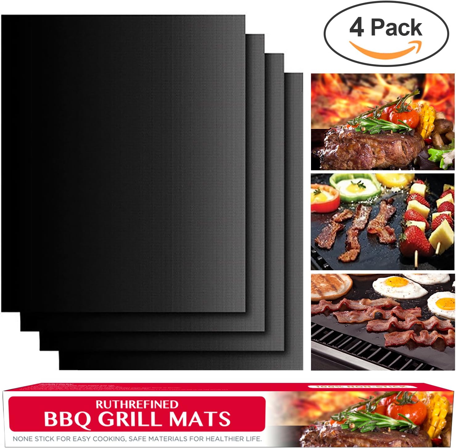 Set of 3 Reusable BBQ Grill & Baking Mats 16" x 13" - 100% Non-stick Teflon Cooking Mat with FDA-Certified Report, Free of PFOA - Cut to Fit Any BBQ Grill or as Oven Baking Pan Liners - Black