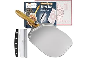 Pizza Peel 12 inch Aluminum with Foldable Wooden Handle | Pizza Rocker Cutter, Pizza Baking Mat | Pizza Peel with Accessories