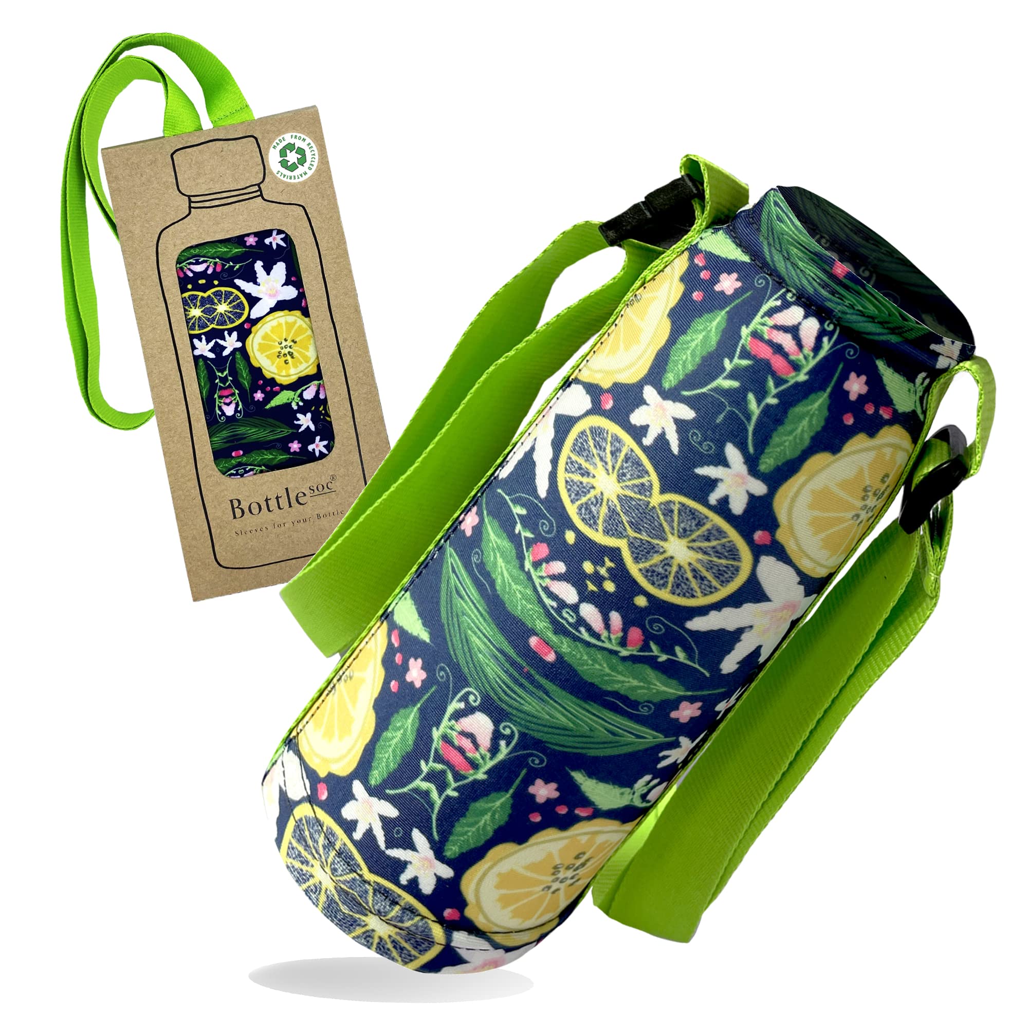 Bottlesoc Water Bottle Carrier with Shoulder Strap | Tropical Flower Design - Washable Cover for Walking & Travel | Eco Friendly Sleeve with Adjustable Strap | Reusable Water Bottle Holder