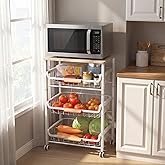 JAQ Slide Out Fruit Vegetable Basket for Kitchen, 4-Tier Rolling Storage Cart with Wooden Handle & Top, Metal Wire Produce Rack for Pantry Organization, Onion Potato Storage Bins for Small Space,White
