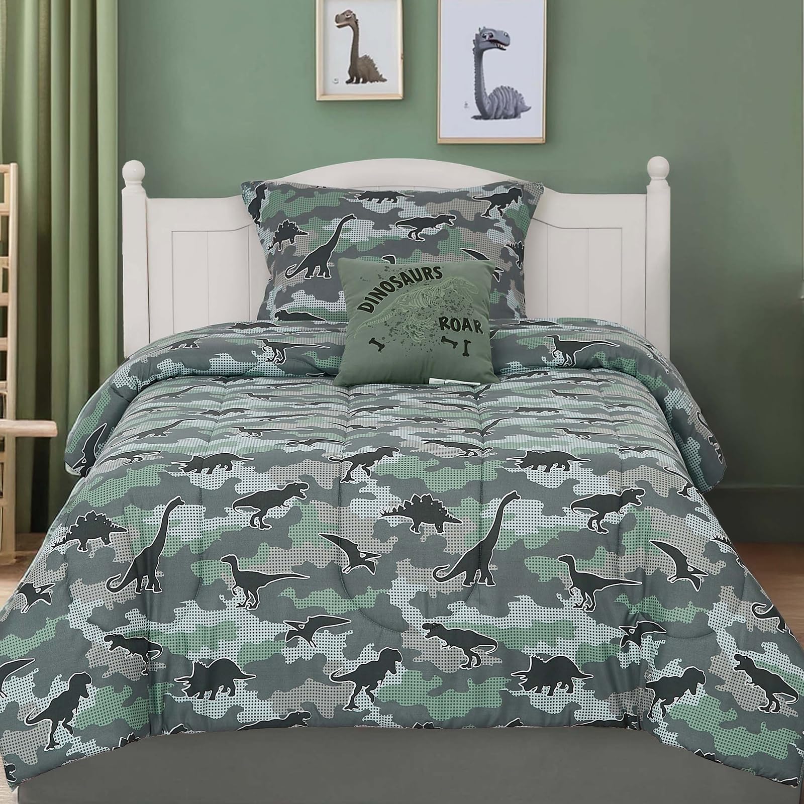 Wink Deer Twin Comforter Set for Boys-3 Pieces Dinosaur Glow in the Dark Twin Bedding Sets for Kids,1 Comforter,1 Sham and 1 Decor Pillow
