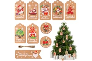 Pearyaest 50pcs Christmas Gift Tags with String,10 Styles Kraft Paper Tags for Present Wrapping, Holiday Crafts, Assorted Sha