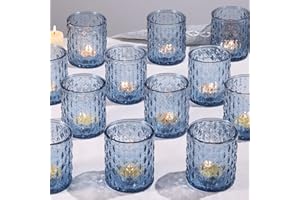 MATAHUM 12Pcs Large Votive Candle Holders 2.8 * 3.2in Blue Tea Light Candle Holders Glass Candle Holder for Wedding, Bridal Shower, Table Centerpiece, Party, Home Decor