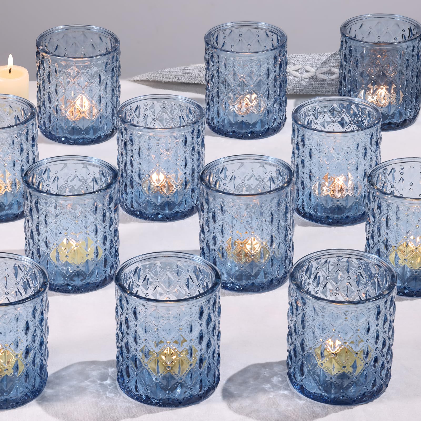 Photo 1 of MATAHUM 12Pcs Large Votive Candle Holders 2.8 * 3.2in Blue Tea Light Candle Holders Glass Candle Holder for Wedding, Bridal Shower, Table Centerpiece, Party, Home Decor