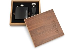 Weddingstar Engraved Wood Gift Box & 6 oz. Black Metal Hip Flask Set - Vertical Best Man