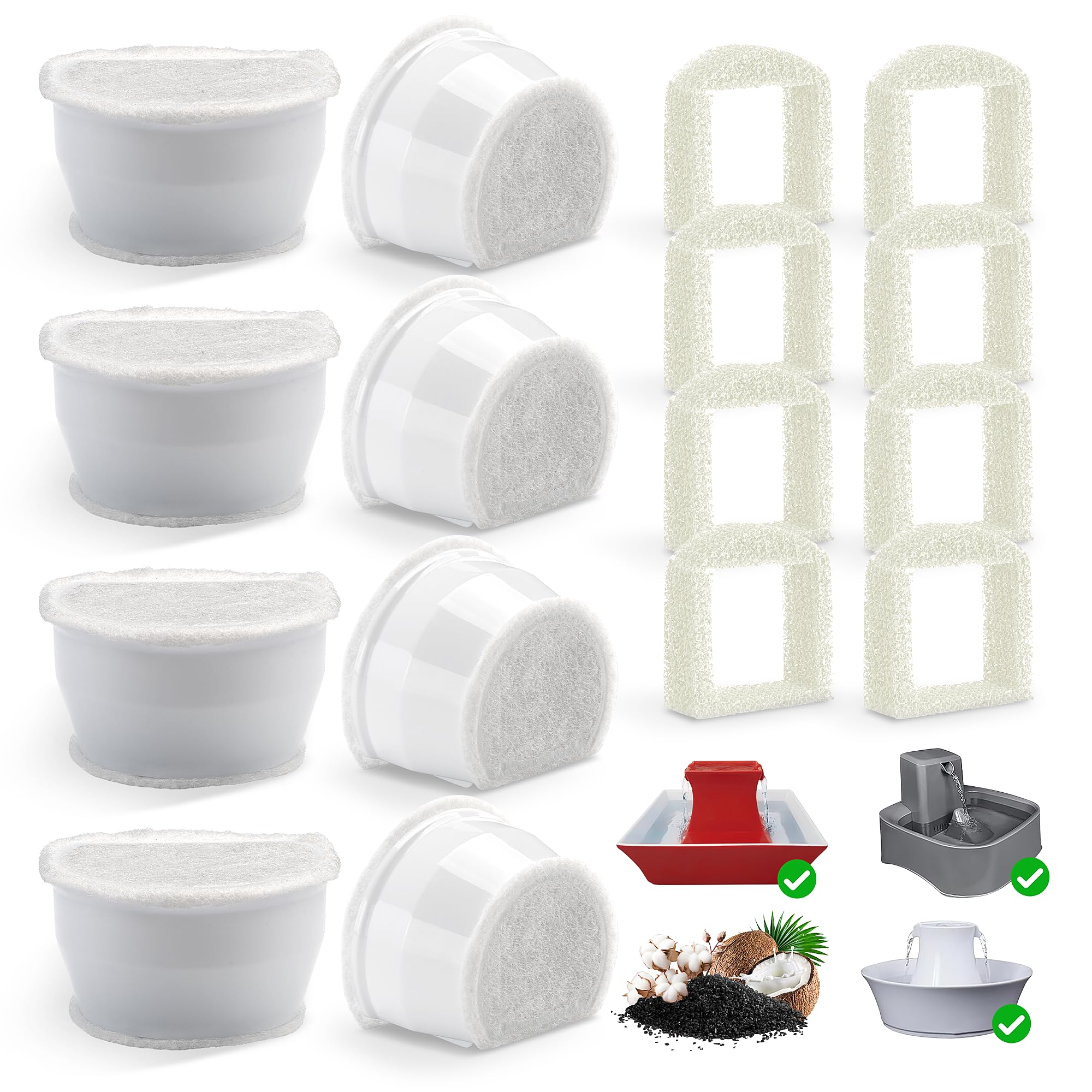 Cat Fountain Replacement Carbon Filters,8 Pcs Water Fountain Filters & 8 Pcs Foam Pre-Filter Replacement Compatible with PetSafe Drinkwell Avalon,Pagoda,2 Gallon,Sedona Pet Water Dspensers Water Bowl