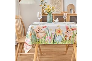 Easter 54x54 Square Tablecloth Bunny Rabbit Eggs Spring Floral Table Cloth - Polyester Holiday Table Cover Washable Waterproo