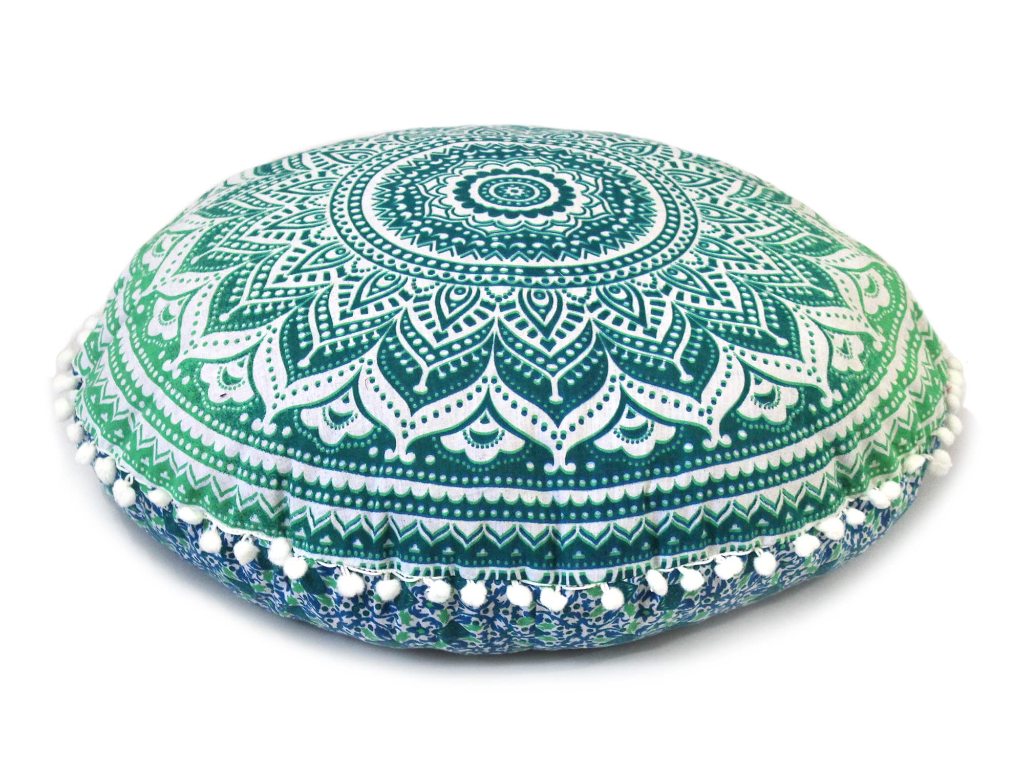 INDIAN CRAFT CASTLE Round Mandala Floor Pillow Cover, Pom Pom Lace, 22 Inches (Green), Seating, Relaxation, Decoration — image 1